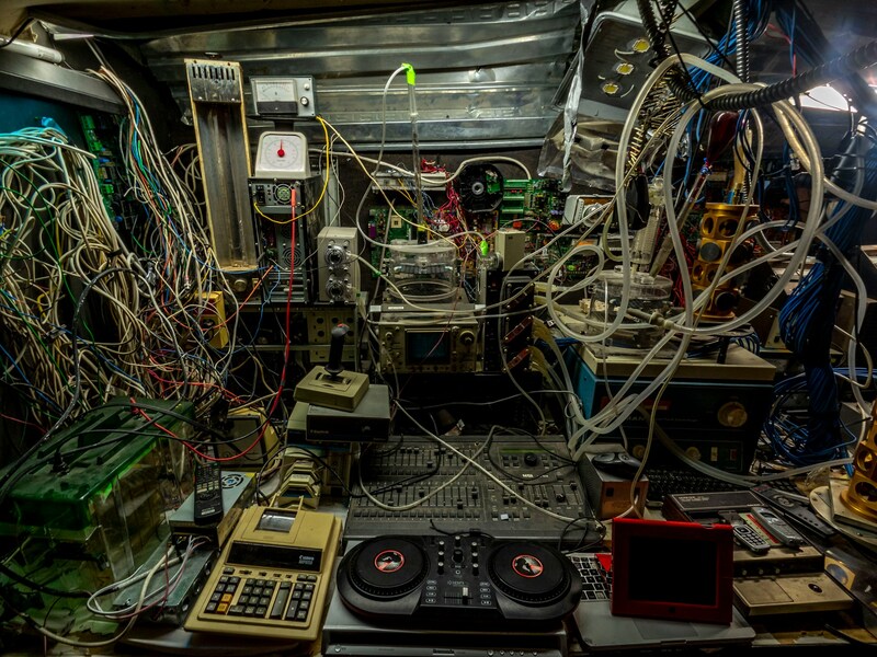 tangled wires in an audio mixer setup